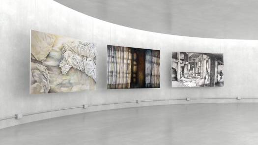 Empty modern exhibition gallery interior and hanging white canva